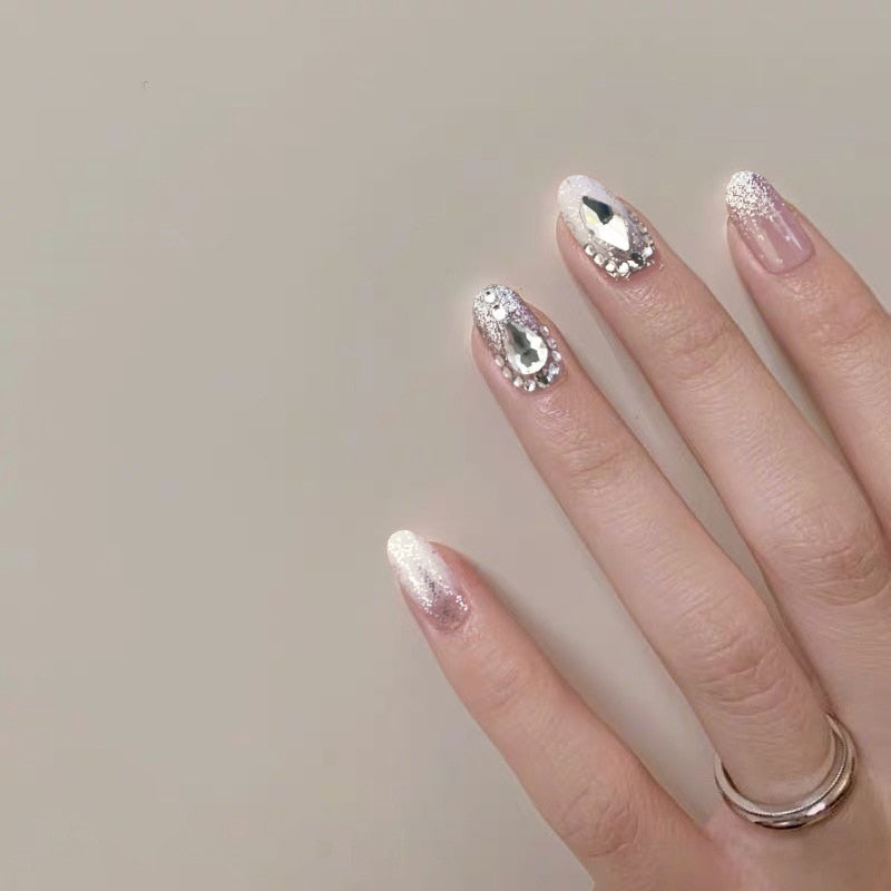 24 Pcs Nude Color nail tips Women Wearable Fake press on Nails with Diamond Short Round Full Cover artificial nails with Glue humolife