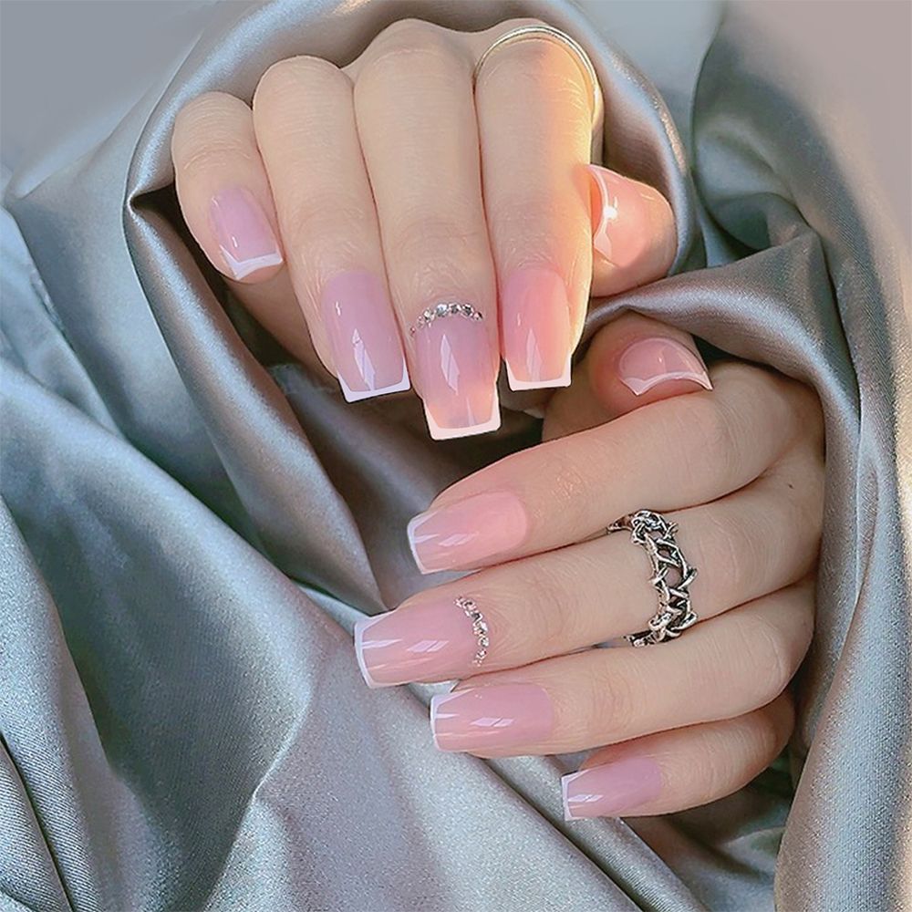 24pcs False Nail Full Cover Fake Nail Elegant Pink Gradient Glitter French Short Nails Coffin Short False Nail Press On Nails humolife