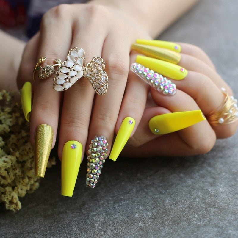 Extra nude long coffin fake nail Rhinestone luxury coffin AB Rhinestone holographic false nails coffee humolife
