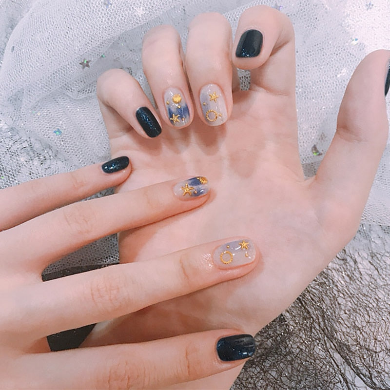 24 Pcs Nude Color nail tips Women Wearable Fake press on Nails with Diamond Short Round Full Cover artificial nails with Glue humolife