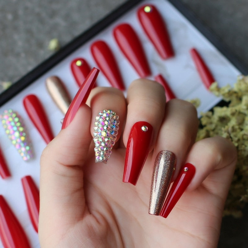Extra nude long coffin fake nail Rhinestone luxury coffin AB Rhinestone holographic false nails coffee humolife