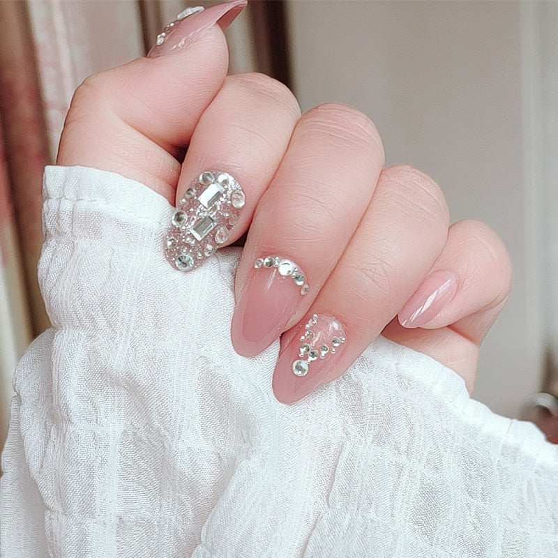 24 Pcs Nude Color nail tips Women Wearable Fake press on Nails with Diamond Short Round Full Cover artificial nails with Glue humolife