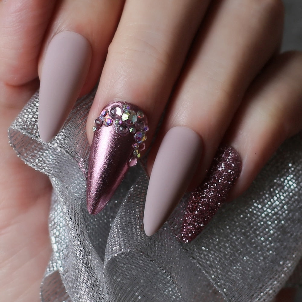Purple glitter DIY Salon press on nails Burgundy Stiletto long Salon Fake nails Rose metal crystal Nude false nails humolife