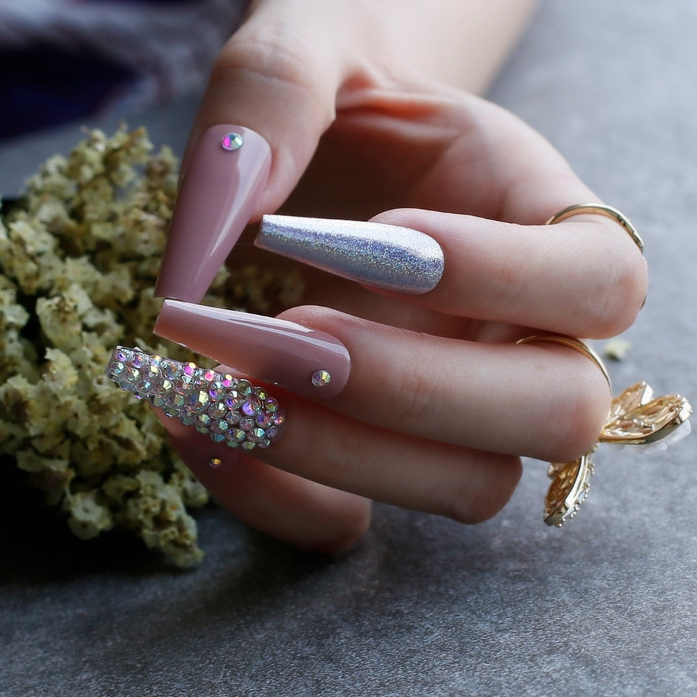 Extra nude long coffin fake nail Rhinestone luxury coffin AB Rhinestone holographic false nails coffee humolife