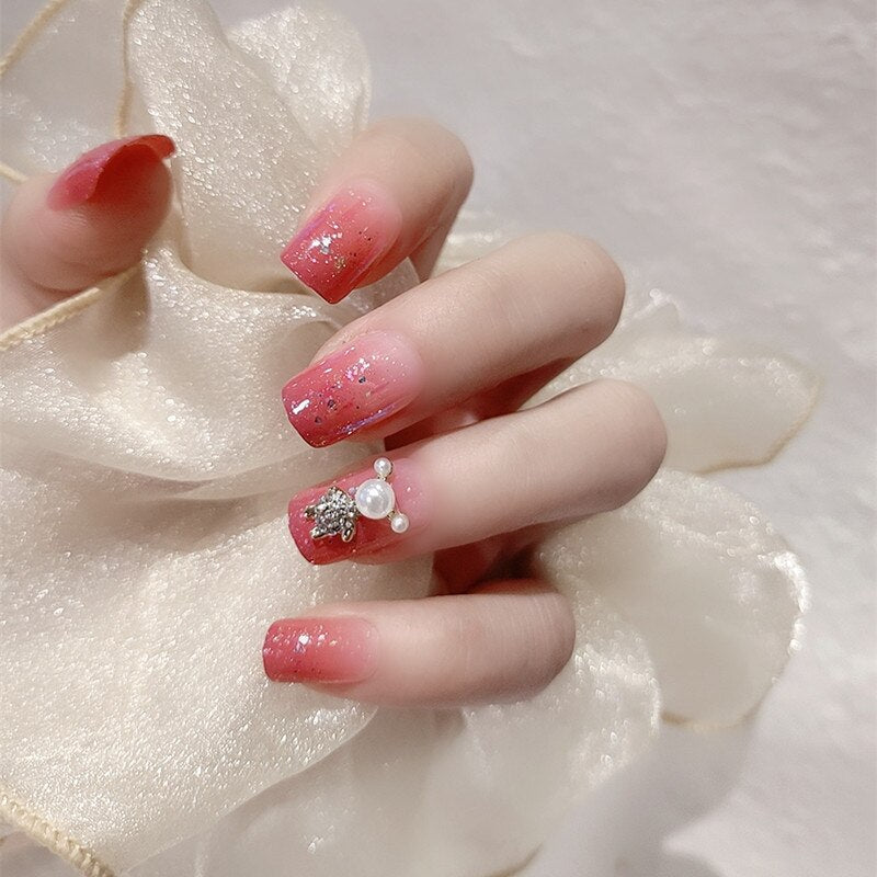 24 Pcs Nude Color nail tips Women Wearable Fake press on Nails with Diamond Short Round Full Cover artificial nails with Glue humolife