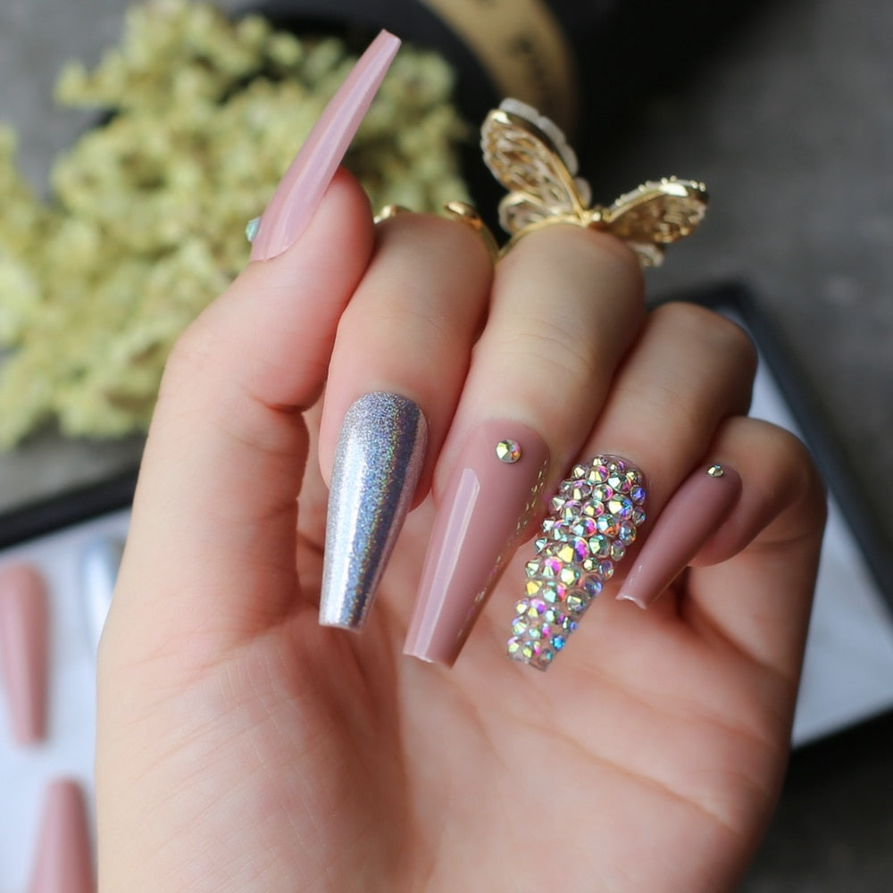 Extra nude long coffin fake nail Rhinestone luxury coffin AB Rhinestone holographic false nails coffee humolife
