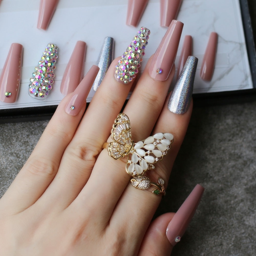 Extra nude long coffin fake nail Rhinestone luxury coffin AB Rhinestone holographic false nails coffee humolife