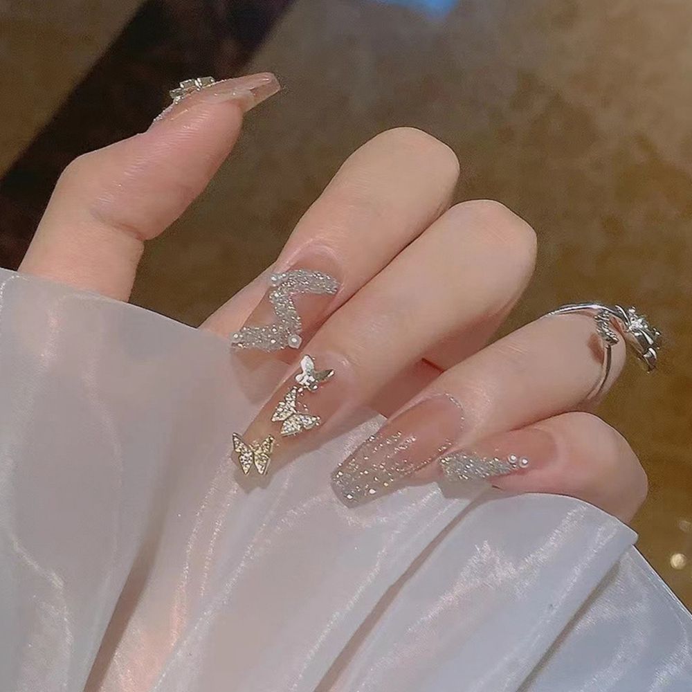 Long Coffin False Nails Aurora Butterfly with designs French Ballerina fake Nails wearable nail stickers Full Cover Nail Tips humolife