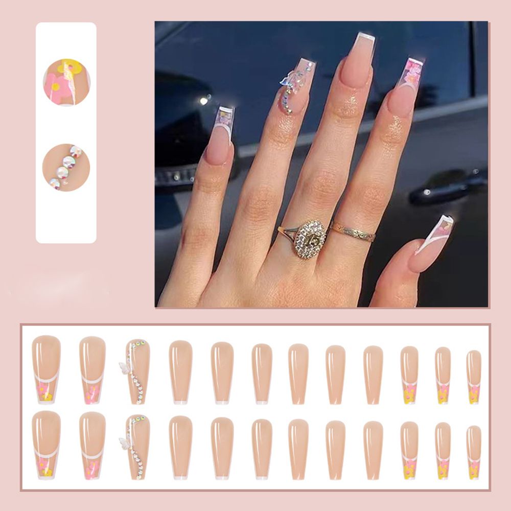 Long Coffin False Nails Aurora Butterfly with designs French Ballerina fake Nails wearable nail stickers Full Cover Nail Tips humolife