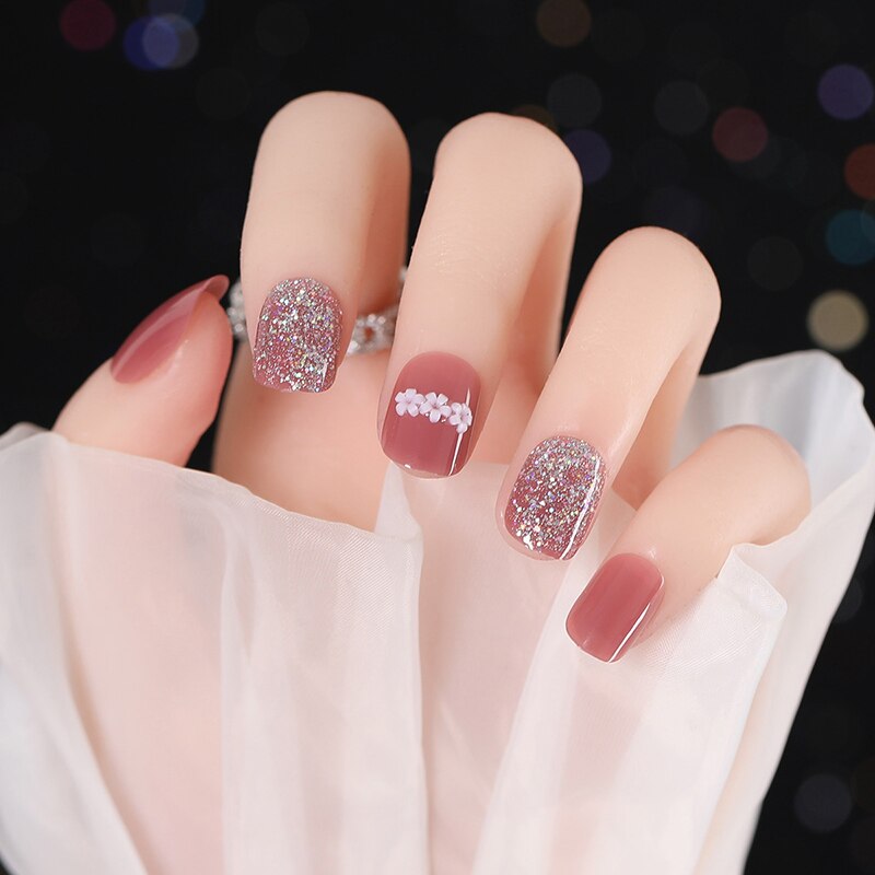 24 Pcs Nude Color nail tips Women Wearable Fake press on Nails with Diamond Short Round Full Cover artificial nails with Glue humolife
