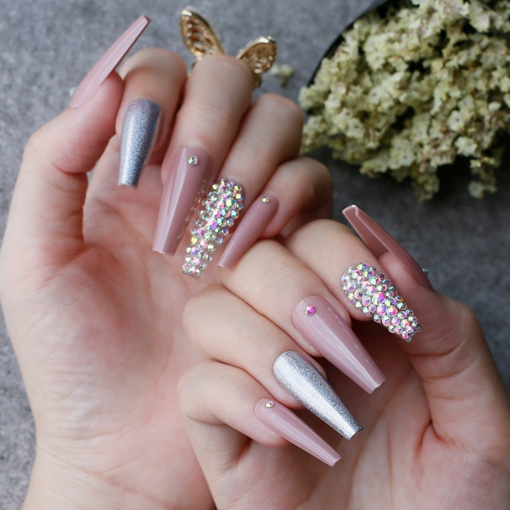 Extra nude long coffin fake nail Rhinestone luxury coffin AB Rhinestone holographic false nails coffee humolife