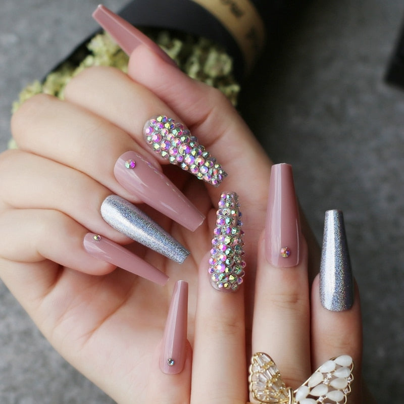 Extra nude long coffin fake nail Rhinestone luxury coffin AB Rhinestone holographic false nails coffee humolife