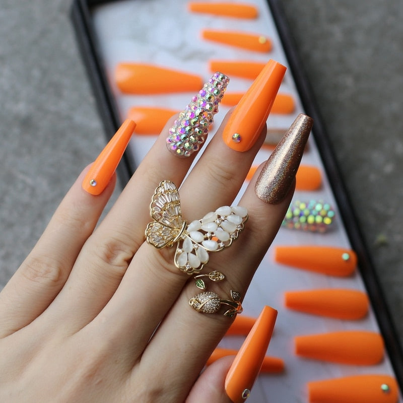 Extra nude long coffin fake nail Rhinestone luxury coffin AB Rhinestone holographic false nails coffee humolife