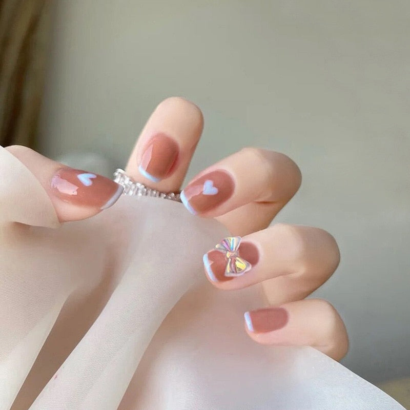 24 Pcs Nude Color nail tips Women Wearable Fake press on Nails with Diamond Short Round Full Cover artificial nails with Glue humolife