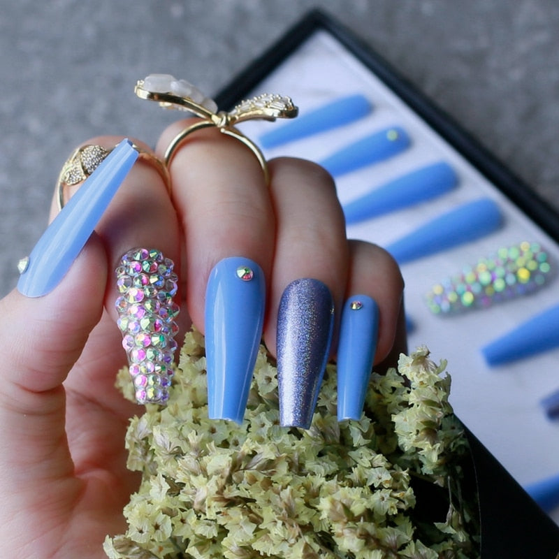 Extra nude long coffin fake nail Rhinestone luxury coffin AB Rhinestone holographic false nails coffee humolife