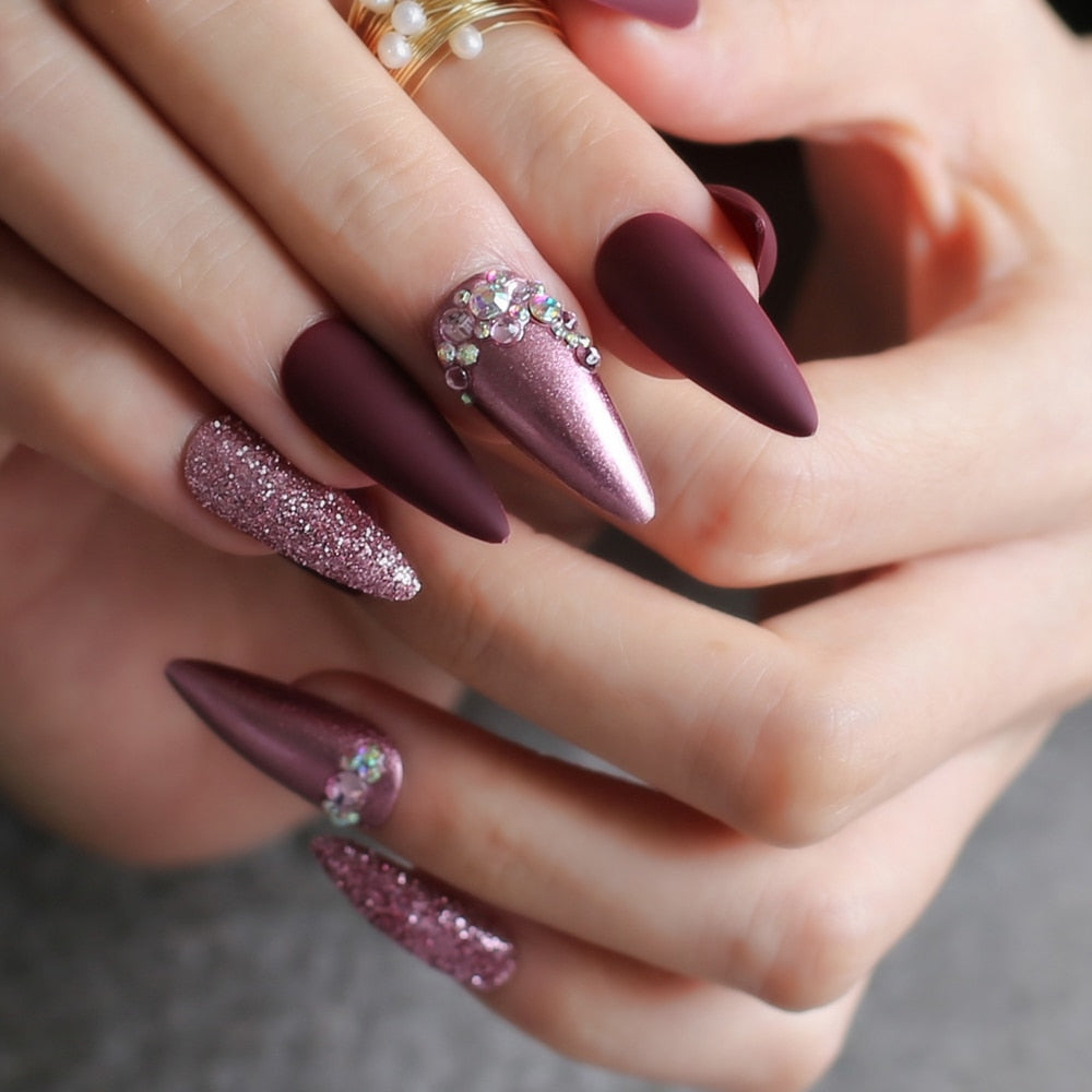 Purple glitter DIY Salon press on nails Burgundy Stiletto long Salon Fake nails Rose metal crystal Nude false nails humolife