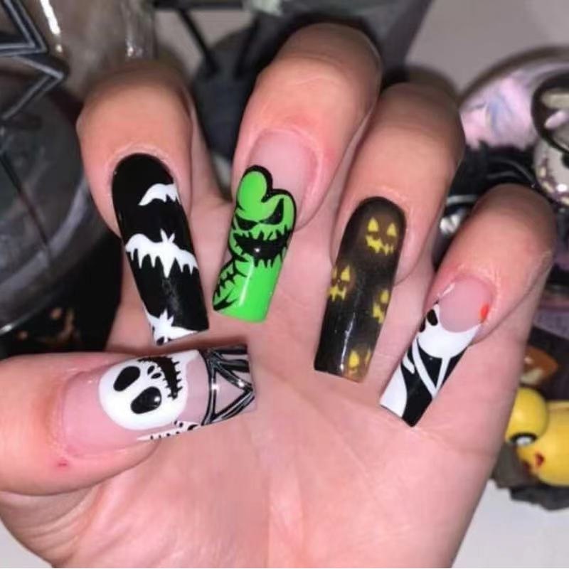 24Pcs Halloween False Nails Wearable French Long Fake Nails Coffin Ballet Press on Nail Black Pumpkin Patch Design Manicure Tips humolife