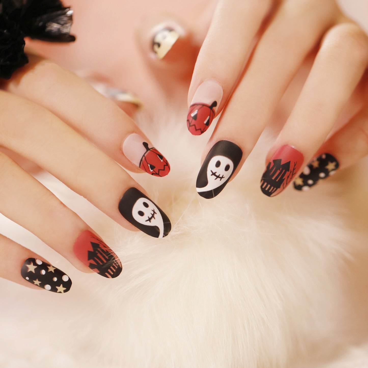 24Pcs Halloween False Nails Wearable French Long Fake Nails Coffin Ballet Press on Nail Black Pumpkin Patch Design Manicure Tips humolife