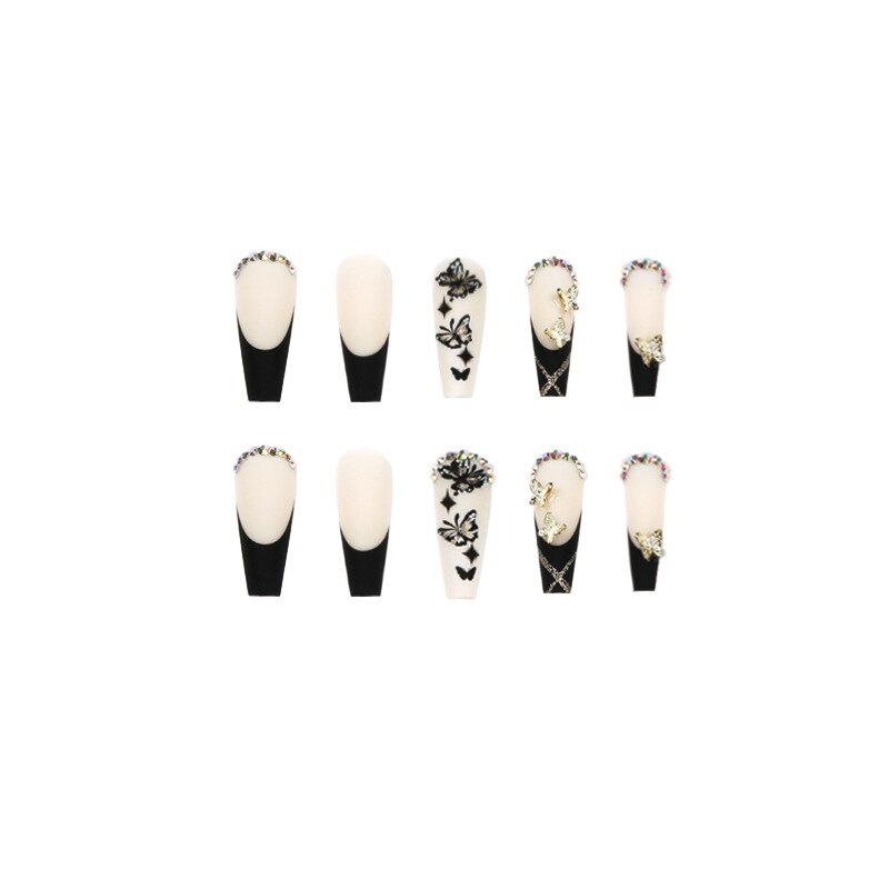 24Pcs Full Cover False Nails Black French Butterfly Design Press on Nails with Rhinestones Ballet Fake Nails Wearable Nail Tips humolife