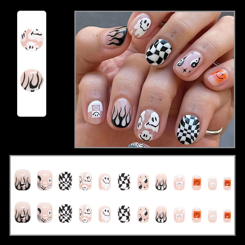 24Pcs Halloween False Nails Wearable French Long Fake Nails Coffin Ballet Press on Nail Black Pumpkin Patch Design Manicure Tips humolife