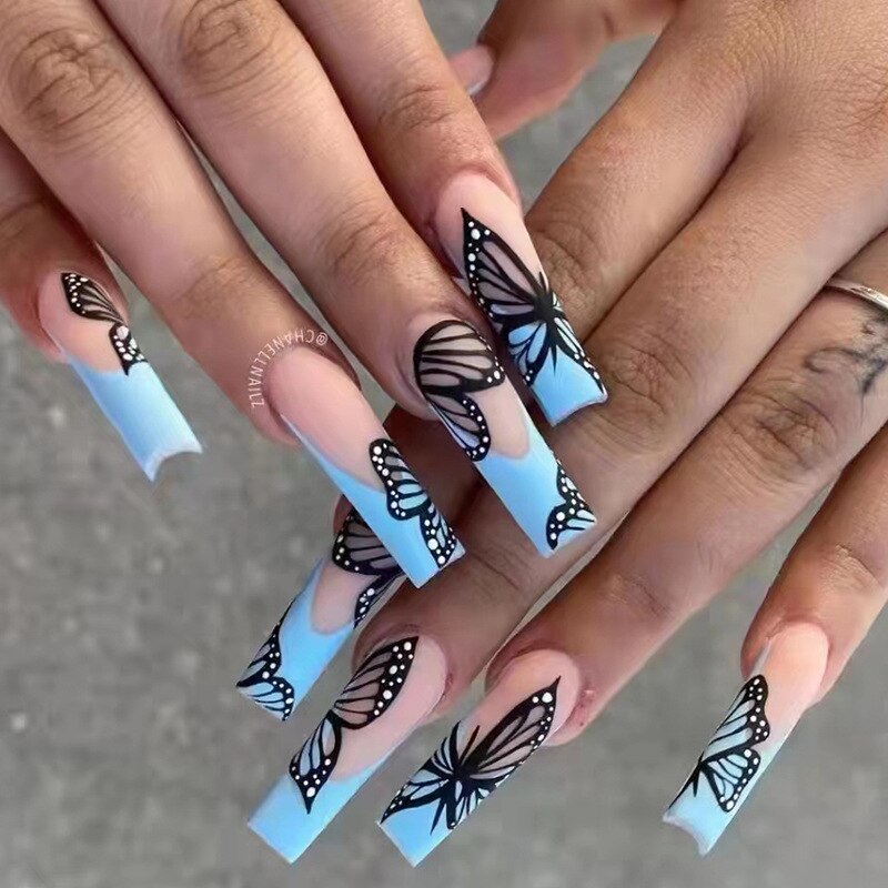24Pcs Full Cover False Nails Black French Butterfly Design Press on Nails with Rhinestones Ballet Fake Nails Wearable Nail Tips humolife