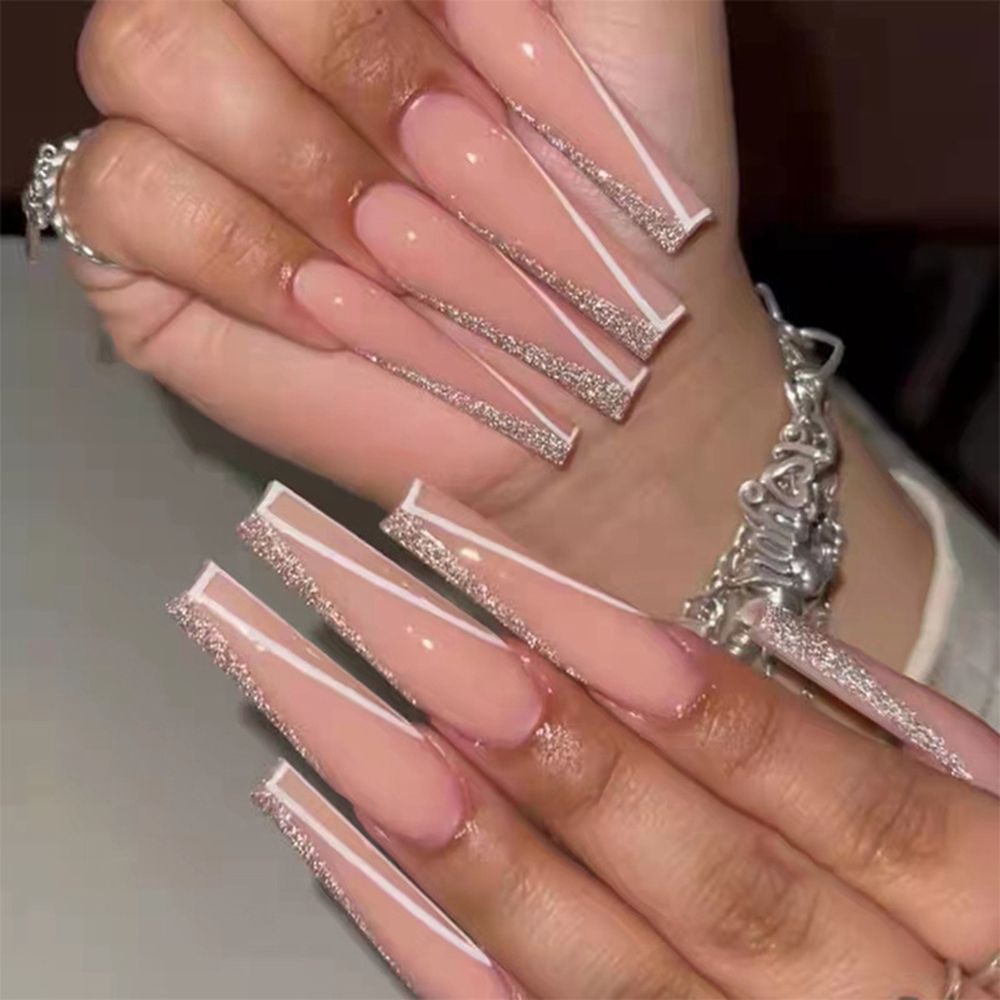 24pc Press On Nails Long Coffin Fake Nails Butterfly Design French False Nails Rhinestone Acrylic Fingernail Decal Ballerina Tip humolife