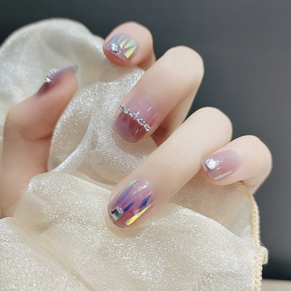 24 Pcs Nude Color nail tips Women Wearable Fake press on Nails with Diamond Short Round Full Cover artificial nails with Glue humolife