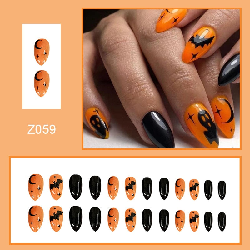 24Pcs Halloween False Nails Wearable French Long Fake Nails Coffin Ballet Press on Nail Black Pumpkin Patch Design Manicure Tips humolife