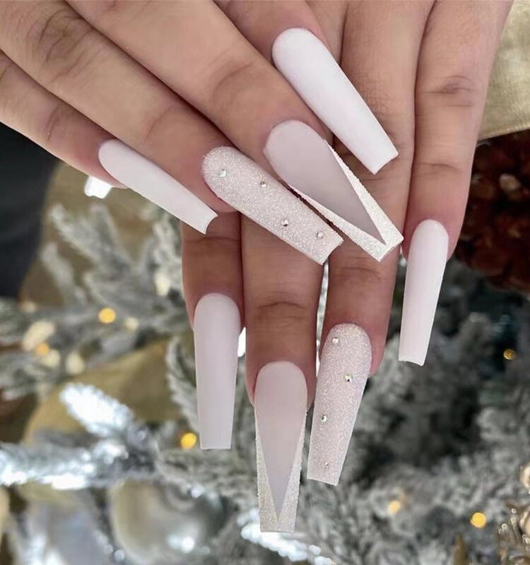 24pcs Long Coffin False Nails With Glue Wearable Ballerina Fake Nails With Design Rhinestone Full Cover Nail Tips Press On Nails humolife