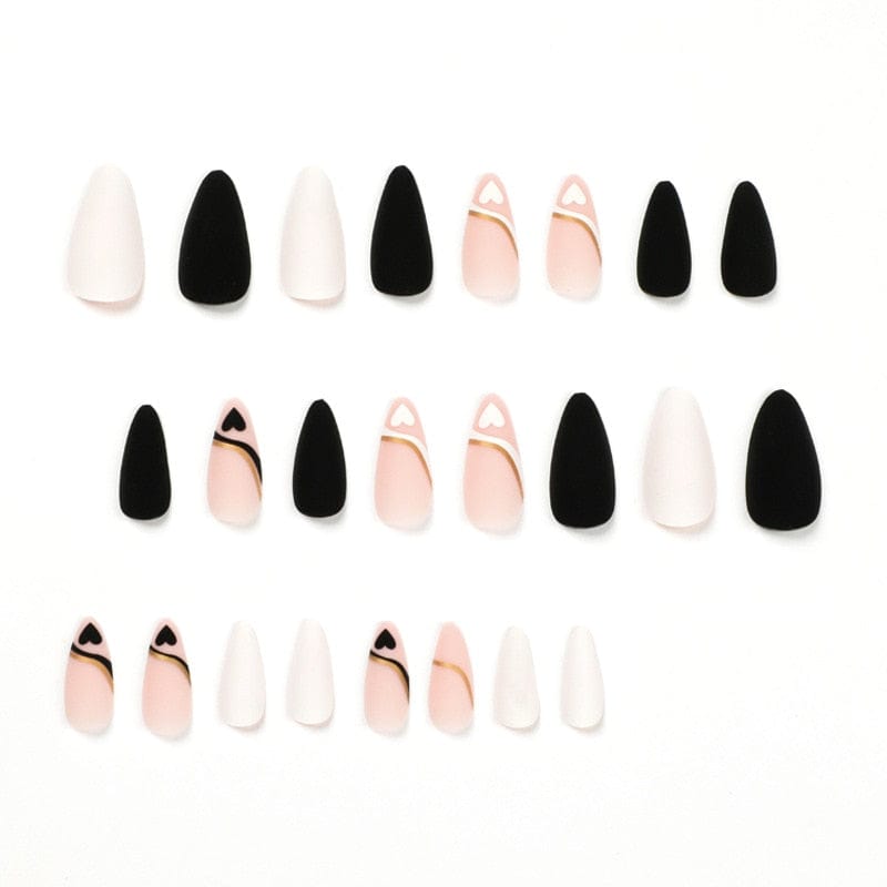 Stiletto False Nails Full Cover Nail Tips Almond Fake Nails With Heart Gold Line Pearl Design Press On Nails Full Cover Nail Tip humolife