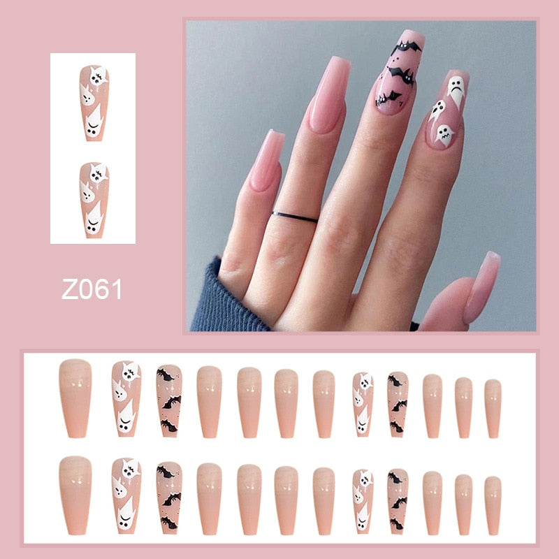 24Pcs Halloween False Nails Wearable French Long Fake Nails Coffin Ballet Press on Nail Black Pumpkin Patch Design Manicure Tips humolife