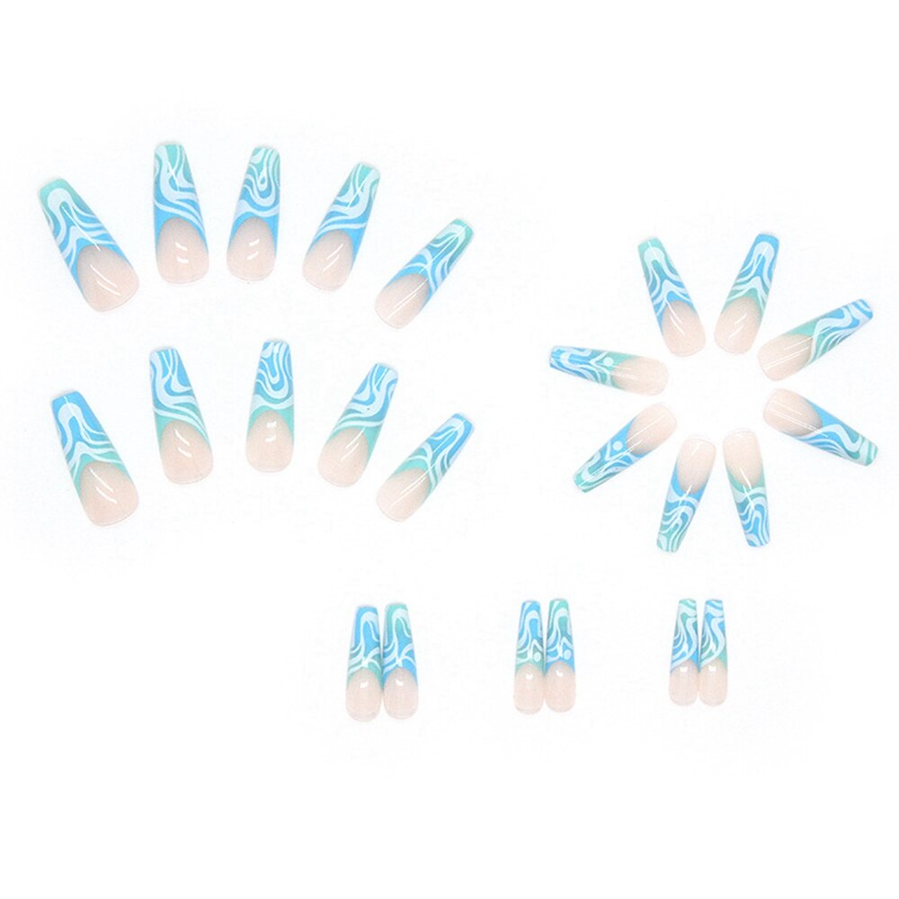24Pcs Detachable Artificial Fake Nails French Purple Grape Blue wave Design Long Ballet Coffin Press On Nail False Manicure Tips humolife
