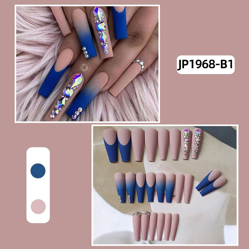 24pcs Long Coffin False Nails With Glue Wearable Ballerina Fake Nails With Design Rhinestone Full Cover Nail Tips Press On Nails humolife