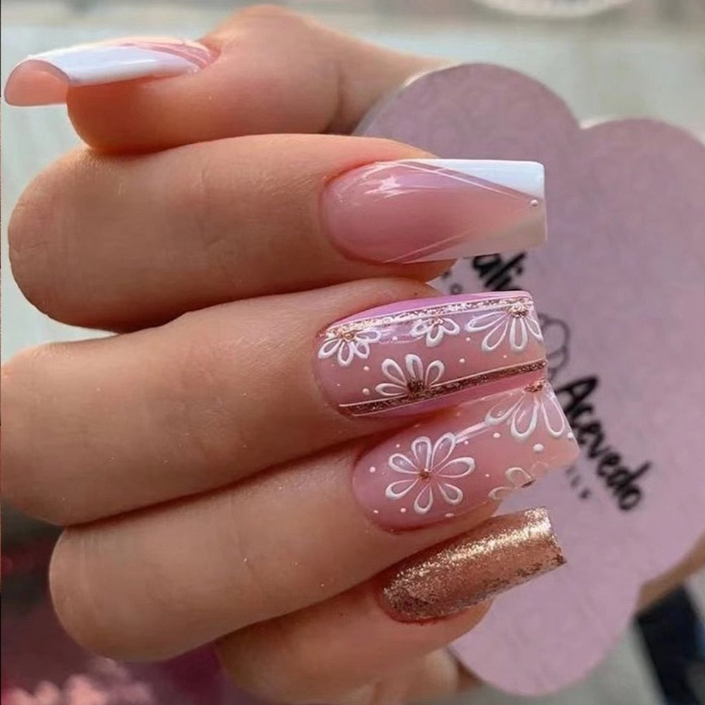 24pcs False Nail Full Cover Fake Nail Elegant Pink Gradient Glitter French Short Nails Coffin Short False Nail Press On Nails humolife