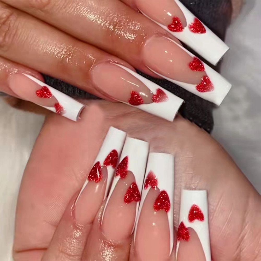 24pc Press On Nails Long Coffin Fake Nails Butterfly Design French False Nails Rhinestone Acrylic Fingernail Decal Ballerina Tip humolife