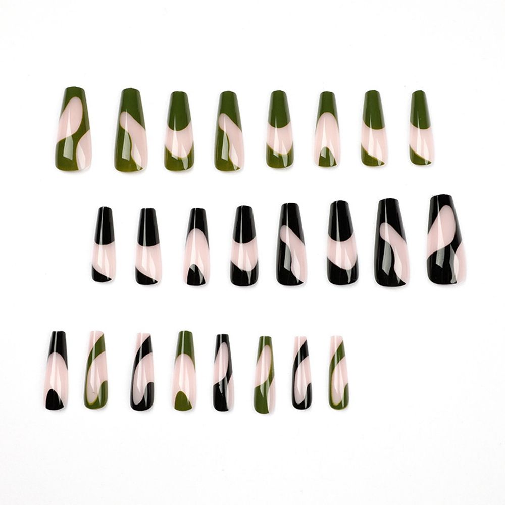Black And Green Wave Line False Nails French Ballerina Long Coffin Fake Nails Press On Nail Tips nail supplies for professionals humolife