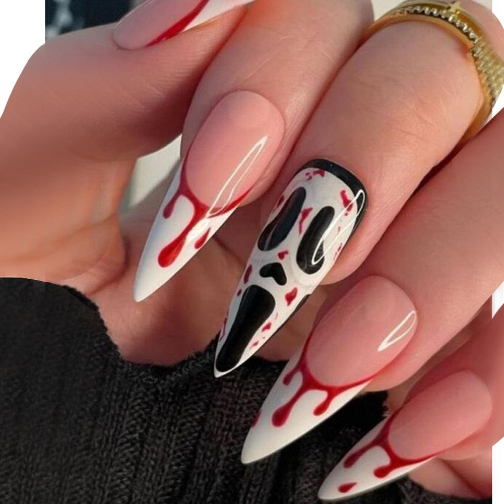 24Pcs Halloween False Nails Wearable French Long Fake Nails Coffin Ballet Press on Nail Black Pumpkin Patch Design Manicure Tips humolife