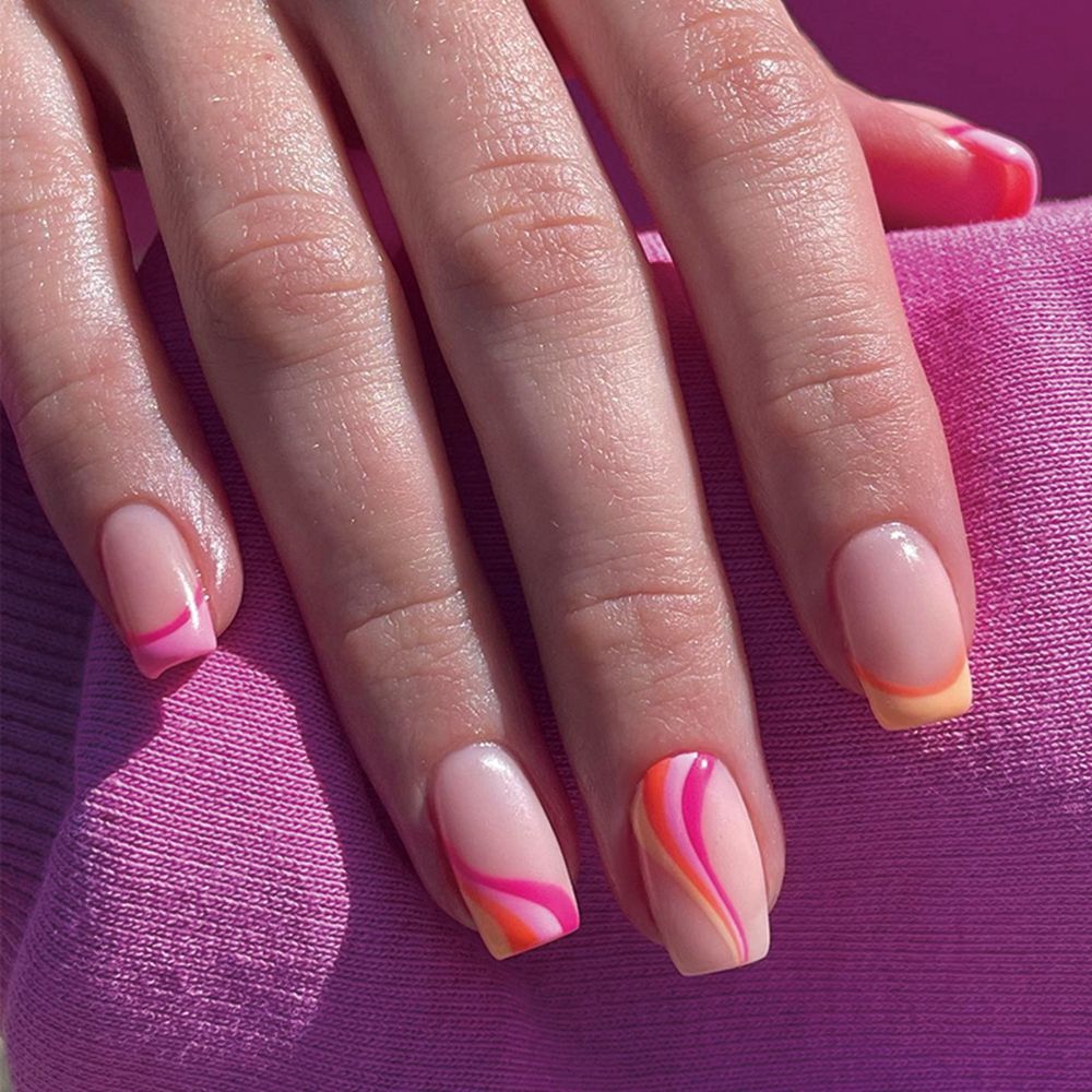 24Pcs/Box Charming Pink Flame Short Ballet Wearable Fake Nails press on Square Head Full Cover Detachable Finished Fingernails humolife