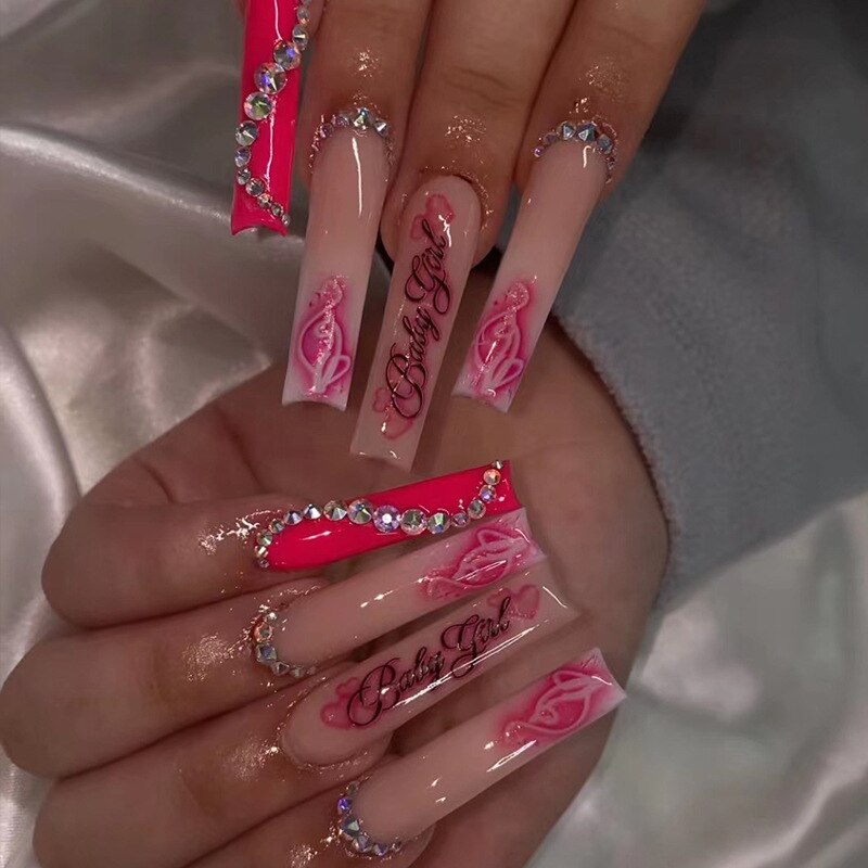 24pcs Long Coffin False Nails With Glue Wearable Ballerina Fake Nails With Design Rhinestone Full Cover Nail Tips Press On Nails humolife