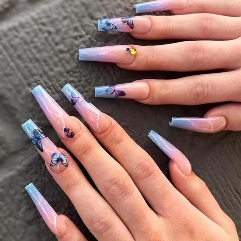 24pcs Long Coffin False Nails With Glue Wearable Ballerina Fake Nails With Design Rhinestone Full Cover Nail Tips Press On Nails humolife