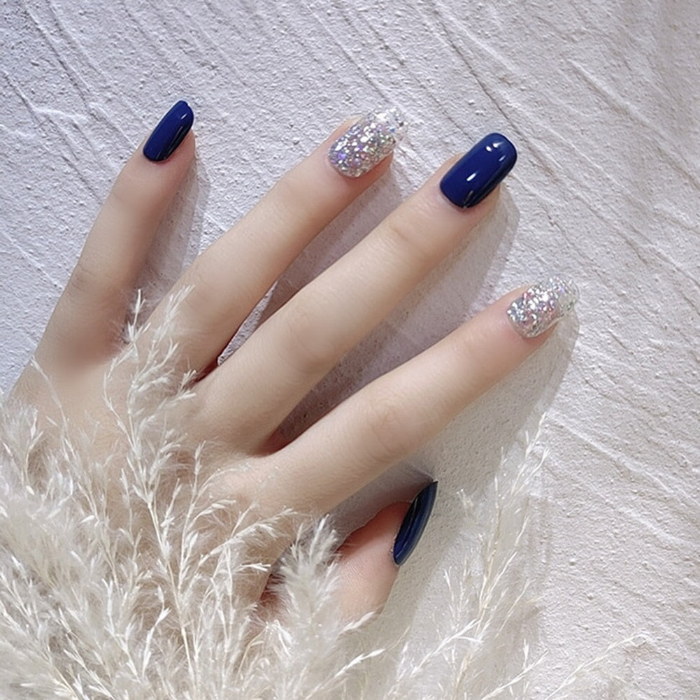 24 Pcs Nude Color nail tips Women Wearable Fake press on Nails with Diamond Short Round Full Cover artificial nails with Glue humolife