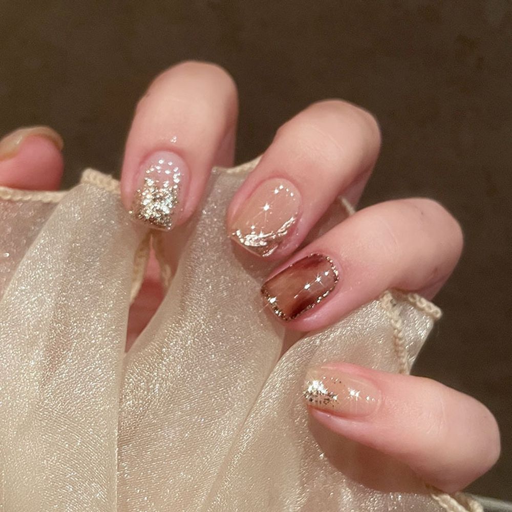 24pcs False Nail Full Cover Fake Nail Elegant Pink Gradient Glitter French Short Nails Coffin Short False Nail Press On Nails humolife