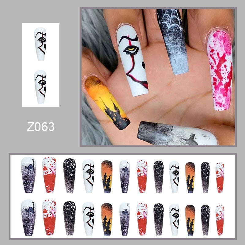 24Pcs Halloween False Nails Wearable French Long Fake Nails Coffin Ballet Press on Nail Black Pumpkin Patch Design Manicure Tips humolife
