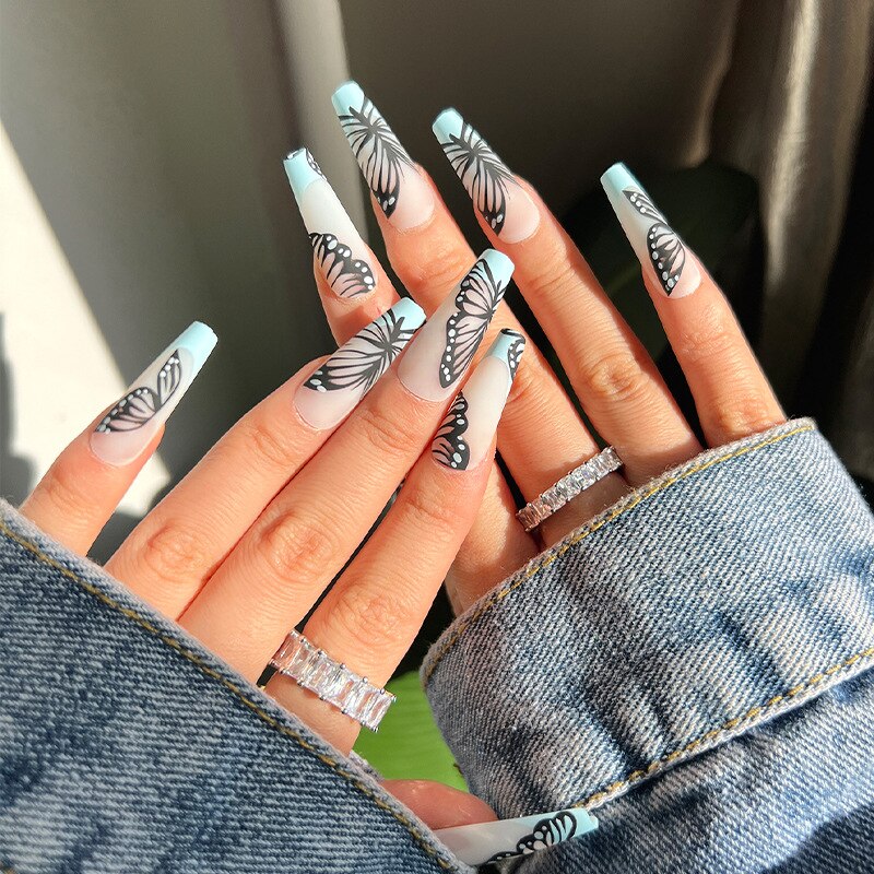 24 Pcs/Box Fake Nails Set Black White Design With Crown Extra Long Ballet Removable Nail Tips Full Cover Acrylic Coffin Nails humolife