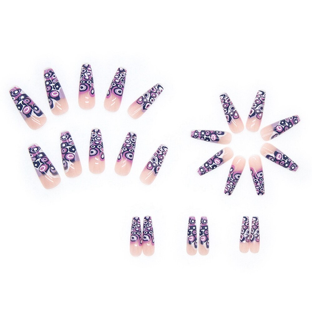 24Pcs Detachable Artificial Fake Nails French Purple Grape Blue wave Design Long Ballet Coffin Press On Nail False Manicure Tips humolife