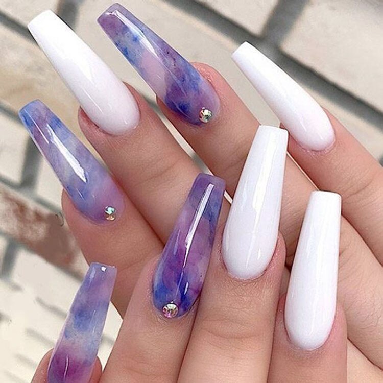 24pcs Long Coffin False Nails With Glue Wearable Ballerina Fake Nails With Design Rhinestone Full Cover Nail Tips Press On Nails humolife