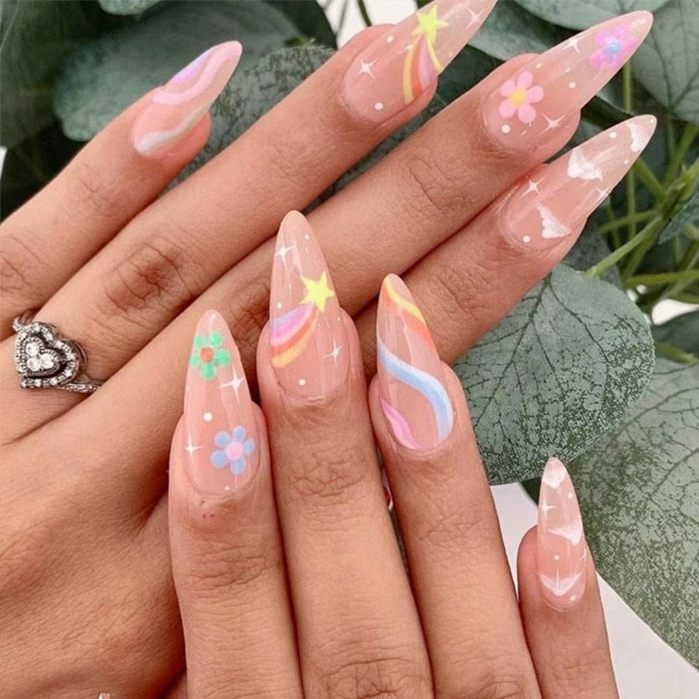 Stiletto False Nails Full Cover Nail Tips Almond Fake Nails With Heart Gold Line Pearl Design Press On Nails Full Cover Nail Tip humolife