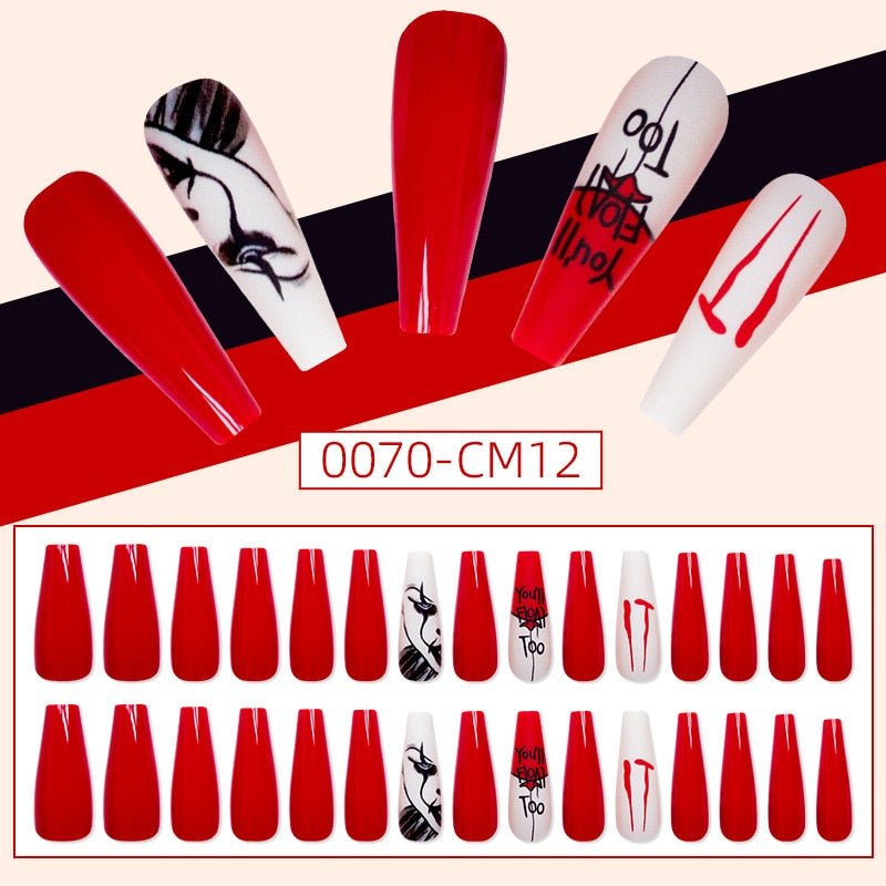 24Pcs Halloween False Nails Wearable French Long Fake Nails Coffin Ballet Press on Nail Black Pumpkin Patch Design Manicure Tips humolife