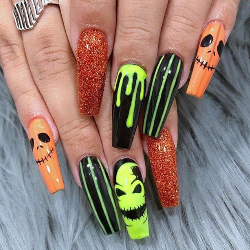 24Pcs Halloween False Nails Wearable French Long Fake Nails Coffin Ballet Press on Nail Black Pumpkin Patch Design Manicure Tips humolife