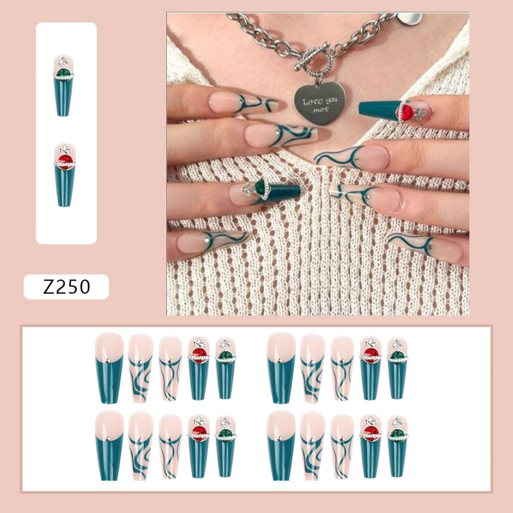 24pcs Press On Tips Nails Long Coffin False Nails Red Rhinestone Full Cover French Ballerina Fake Nails Nail Tips Manicure Tool humolife